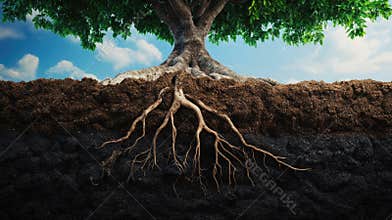 Cross-section of tree showing roots and soil layers against blue sky