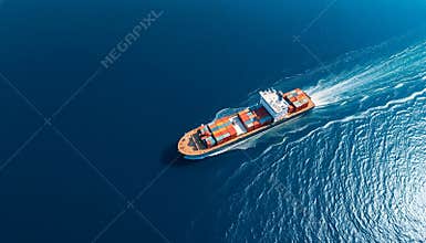 aerial view of a large cargo ship transporting shipping containers across the deep blue ocean