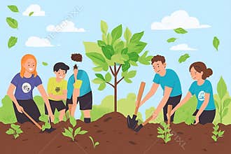 Young volunteers planting a tree, demonstrating teamwork and environmental conservation efforts