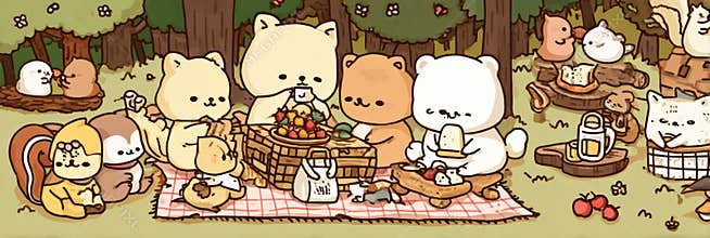 Kawaii Cartoon Animals Enjoying a Delightful Picnic in a Serene Forest During a Sunny Afternoon Filled With Laughter and