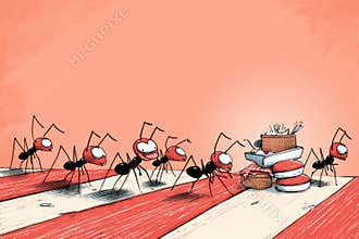Ants March in a Comic Style Towards a Picnic Spread Filled With Delicious Treats Under a Warm, Sunny Day Generative AI
