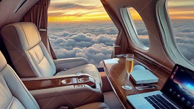 a workplace with a laptop and a glass of champagne in a luxury private jet above the clouds against the sunset