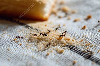 Trail of Ants Exploring Food Crumbs on a Picnic Cloth During a Sunny Afternoon Generative AI