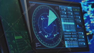 Professional air traffic controller in the control tower. Aircraft control officer works using radar, computer navigation and