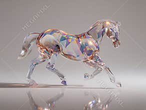 Crystal horse sculpture with intricate detail, set against a gray backdrop Light refraction creates color spectrum, giving an
