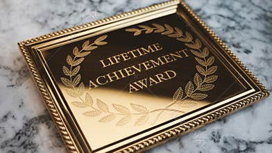 A golden lifetime achievement award elegantly displayed on a marble surface.