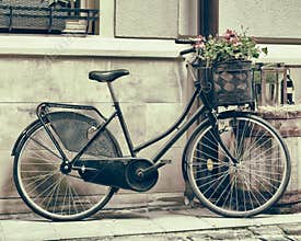 Vintage stylized photo of Old bicycle carrying flowers