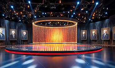 Grand stage with portraits, warm lighting, circular design