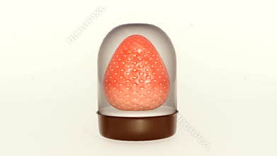 A single tochiaika strawberry within a clear, dome-shaped plastic cover.