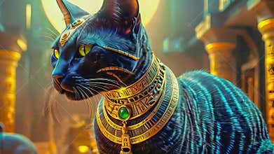 Golden Egyptian magical divine cat, cat in the temple of the Egyptian goddess Bastet
