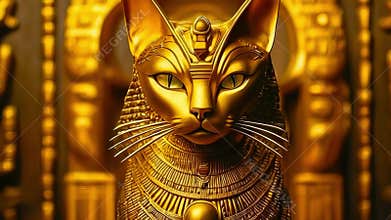 Golden Egyptian magical divine cat, cat in the temple of the Egyptian goddess Bastet.