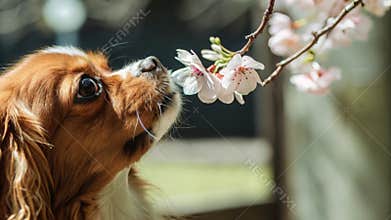 Red dog sniffing cherry flowers blooming on a branch in the springtime garden.
