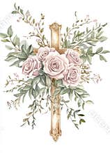 Happy Easter, Jesus cross. Watercolor illustration clipart for Easter day invitation on white background with pink rose