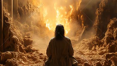 Mystical person meditating amidst mud in a cave before raging fire ai generative