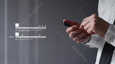Businessman using smartphone. Hands scrolling and taping the screen.