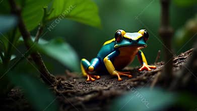 Vibrant Poison Dart Frog on Forest Floor, A Tropical Wildlife Encounter