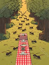 Ants Marching in a Fun Comic Style Toward a Picnic Spread in a Sunny Forest Setting Filled With Trees Generative AI