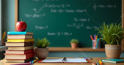 Mathematical Equations on a Chalkboard with Study Essentials, Symbolizing Education and Learning"
