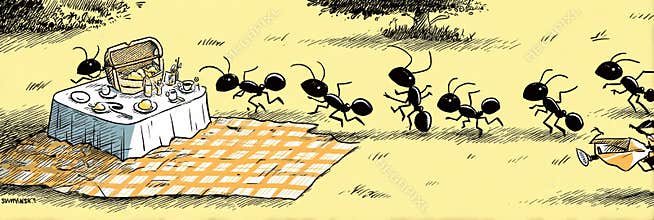 Ants Joyfully Marching Toward a Picnic Spread in a Vibrant Comic Style Under a Sunny Sky Generative AI