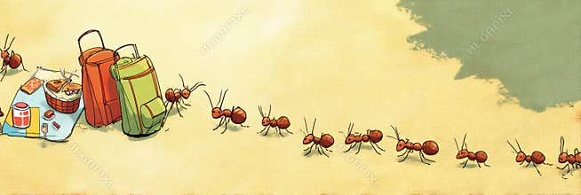 Ants March Towards a Colorful Picnic Spread in a Fun Comic Style Illustration Generative AI