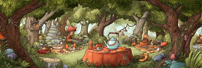 Whimsical Picnic Gathering in an Enchanted Forest With Vibrant Colors and Charming Details Generative AI
