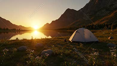 Tent by Lake at Sunset with Mountains and Grass in Golden Hour Lighting