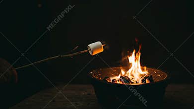 Toasting Marshmallow Over Open Fire Pit in Dark Background for Evening Snack