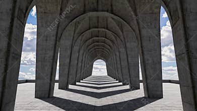 Endless diminishing perspective of concrete arches creates surreal architectural corridor