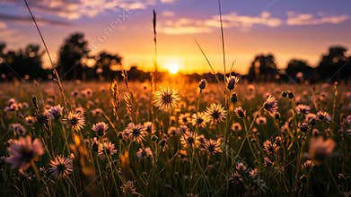 Wildflower Meadow at Dusk with Dramatic Golden Sun Glow and Vibrant Sky
