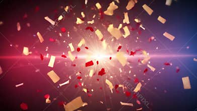 Bright Confetti Explosion with Red and Golden Pieces on Gradient Background