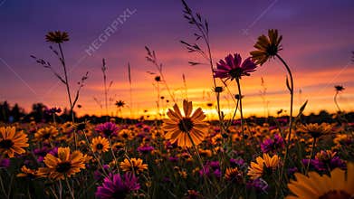 Vibrant Field with Yellow and Purple Flowers at Scenic Sunset Landscape