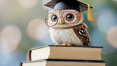 Wise owl with graduation cap and glasses perched on books