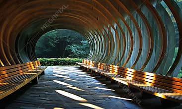 Serene, arched walkway through a park