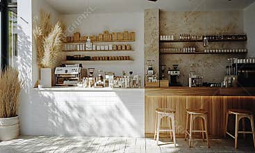Bright, airy caf? with warm wood tones and natural elements