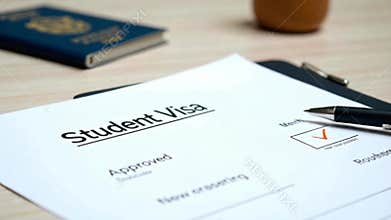 Decision to grant a visa. Pen voting approved in checkbox in blank Student Visa application form with passport and pen.