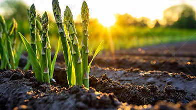 Fresh green asparagus growing in cultivated agricultural field at sunset
