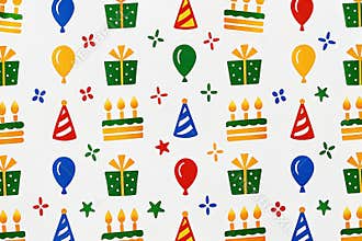 Colorful birthday party pattern with balloons, cakes, gifts, and hats