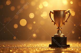Golden trophy on glitter with bokeh lights. Celebration, victory, success concept. Award for winner, champion or best employee.