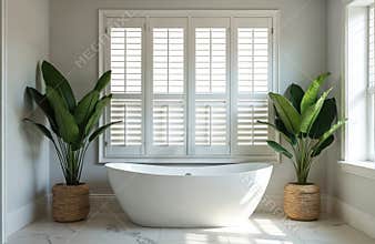 Luxurious modern bathroom with soaking tub, white plantation shutters and plant styling. Bright room, natural light. Interior