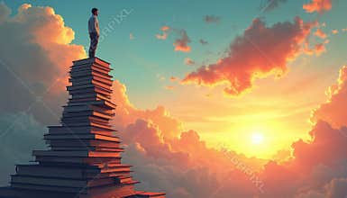 Man stands atop stack books. Knowledge, lifelong learning, self-development. Education opens new horizons. Sky sunset background