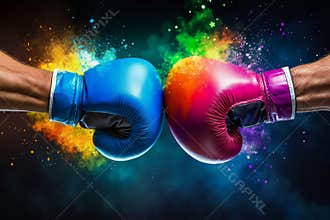 Two hands wearing colorful boxing gloves with colorful powder coming out of them