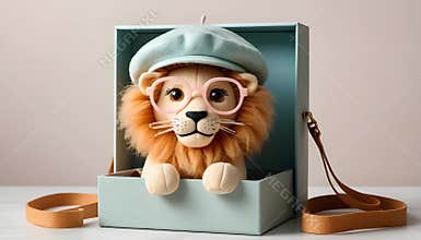A lion toy in a soft pastel beret, trendy sling bag