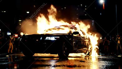 Dramatic low-angle shot of a police car engulfed in flames during a chaotic city riot at night on a wet street