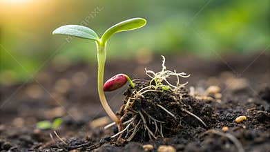 A close up view of a small green plant sprouting from the dark soil in the garden under bright sunlight stock photo
