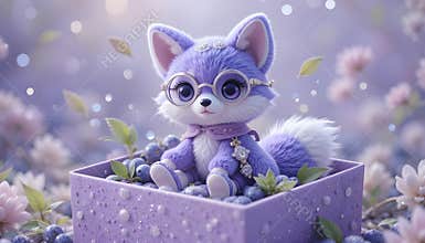 A blueberry-fox plush toy with tiny boots, crystal glasses
