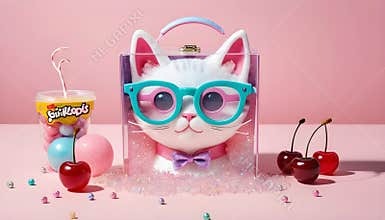 A cherry-cat toy with dual stem antennas, oversized glasses