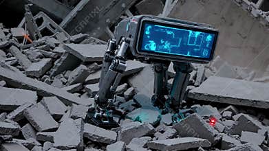 Metallic quadruped robot with blue digital screen navigating concrete rubble, performing damage assessment and rescue