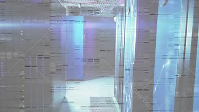 Opening server corridor initiating glitch overlay drifting across racks simulating corrupted feed