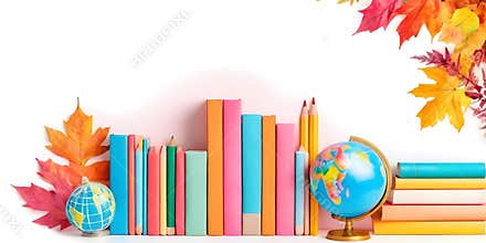 Back to School Autumn Frame with Books globe and Leaves – Watercolor Illustration