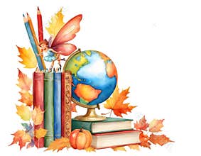 Back to School Autumn Frame with Books globe and Leaves – Watercolor Illustration
